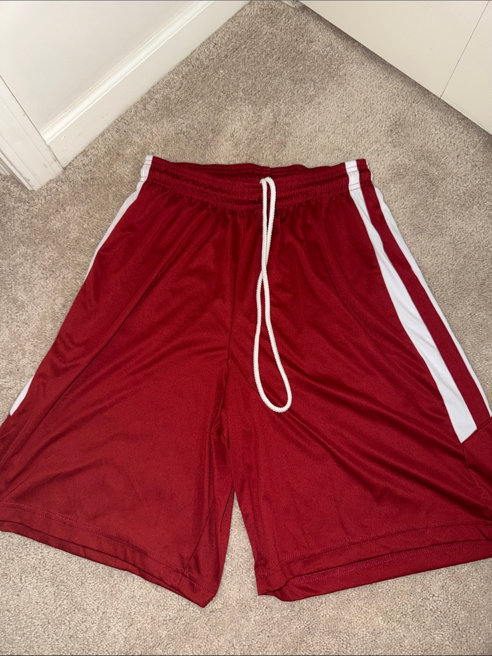 Men's Red Athletic Basketball Shorts with White Side Stripe and Drawcord
